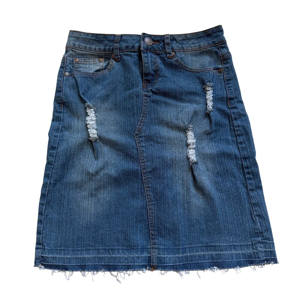 Y2K Hype Size 5 Distressed denim midi skirt raw Hem